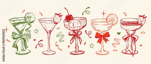 Christmas Cocktail Party Vector Set with New Year Holiday Alcohol Drinks, Hand Drawn Doodle Wine Glasses, Whimsical Celebration Beverages for Bar Menu Design