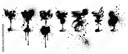 Christmas Cocktail Party Vector Set with New Year Holiday Alcohol Drinks, Hand Drawn Doodle Wine Glasses, Whimsical Celebration Beverages for Bar Menu Design