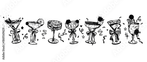 Christmas Cocktail Party Vector Set with New Year Holiday Alcohol Drinks, Hand Drawn Doodle Wine Glasses, Whimsical Celebration Beverages for Bar Menu Design