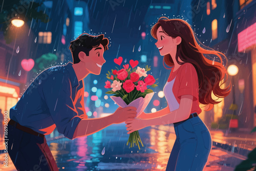 Couple smiling in city rain at night as man gives bouquet with floating hearts and glowing reflections.
