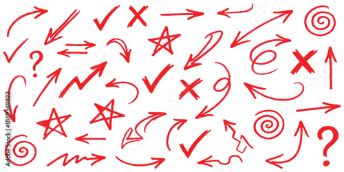 Collection of hand-drawn red symbols including arrows, checkmarks, and question marks on a white background
