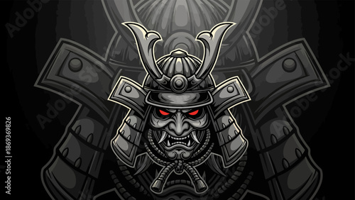 Fierce Japanese Samurai Helmet and Mask Illustration with Glowing Red Eyes.eps