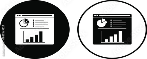 The image presents two circular icons, both depicting a stylized representation of a data analytics interface.