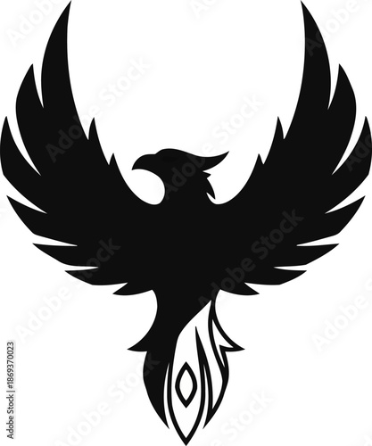 Minimalist black outline phoenix bird with spread wings vector icon.eps