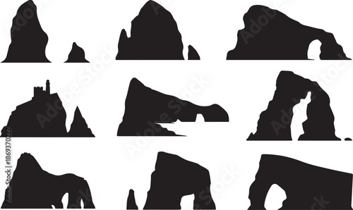 Silhouette Collection of Rock Formations and Arches Keywords: rock, formation, arch, cliff, stone, mountain, nature, landscape, silhouette, sea, ocean, coast, geological, natural, isolated