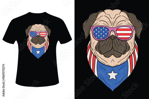 Patriotic pug wearing sunglasses and bandana t shirt design