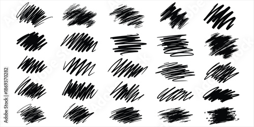 25 Black Scribble and Hatch Mark Brush Stroke Textures on White Background grunge