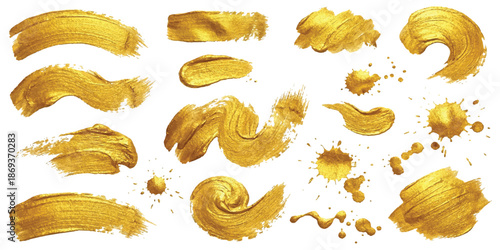 A collection of shimmering gold brush strokes and abstract paint splatters