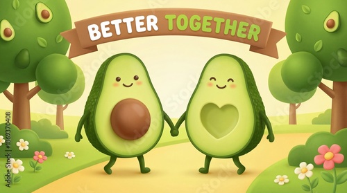 Better Together Avocado Duo: Two cheerful avocado halves, each with a charming personality, stroll hand-in-hand, symbolizing unity and partnership under a banner of togetherness.