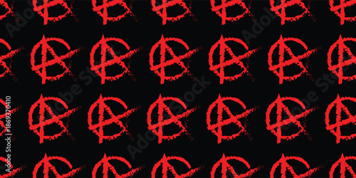 Seamless pattern of red hand-drawn anarchy symbols on a black background. Grungy punk rock and rebellion aesthetic wallpaper.
