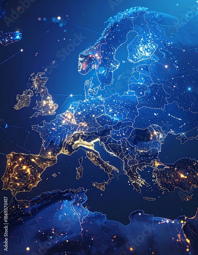 Illuminated digital illustration depicting Europe, with bright lights