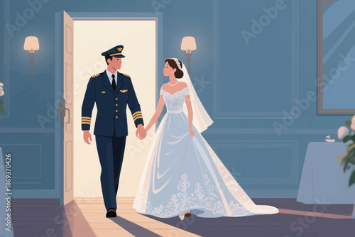 Bride and pilot groom entering warmly lit room hand in hand, with floral table and blue walls.
