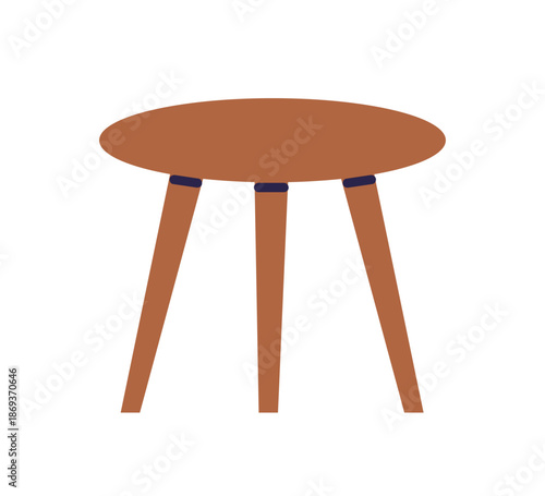 Wooden coffee table. Small little round tabletop with wood legs. Circle shape, minimalist design, scandinavian style, home interior furniture. Flat vector illustration isolated on white background