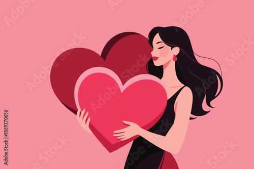 Stylized woman with long black hair holding pink heart on solid pink background with red heart.