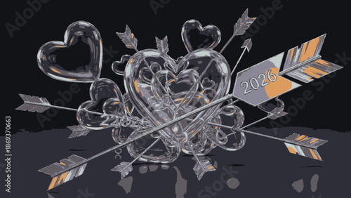 Digital illustration of hearts and arrows with 2020 on a black background.