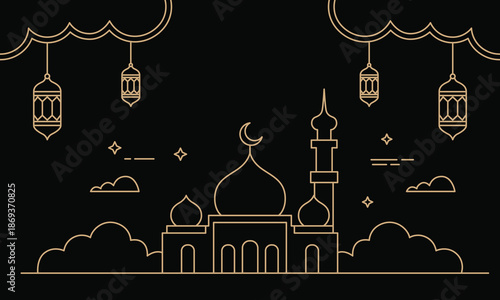 Elegant Islamic Mosque With Minarets and Crescent Moon on a Black Background