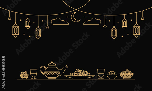 Elegant Islamic Ramadan iftar celebration scene with lanterns and traditional food