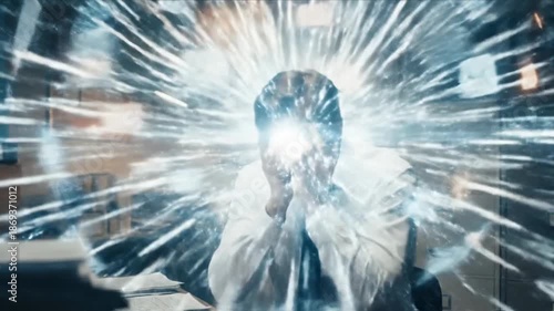 Overwhelmed office worker experiencing information overload with digital data explosion effect