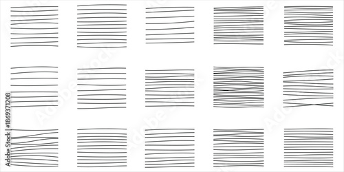 Collection of black horizontal lines with varying degrees of waviness on white Keywords: horizontal lines, wavy lines, parallel