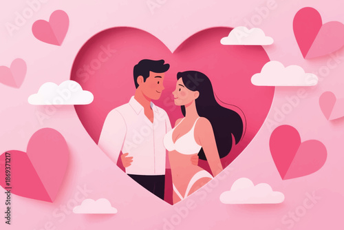 Romantic couple inside heart shaped frame with pink hearts and clouds on soft pink background.
