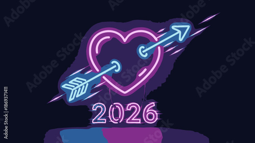 Neon heart pierced by arrow with 2026 text below.