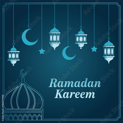 Ramadan Kareem greeting card with hanging lanterns and crescent moons