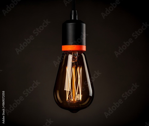 A single edison bulb hangs illuminated with a warm orange glow