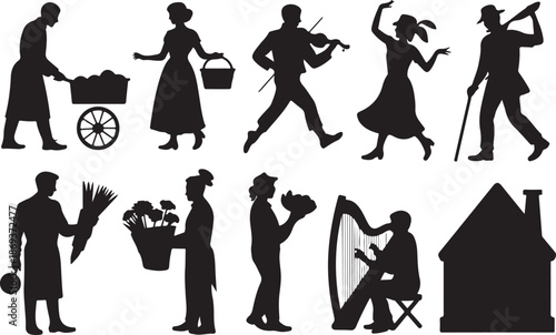 Silhouettes of people engaged in various activities and objects woman child