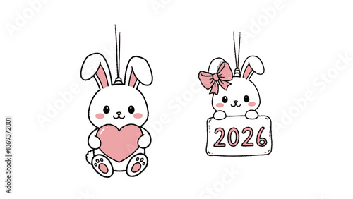 Cute Cartoon Rabbits with Heart and 2026 Sign Hanging Ornaments.