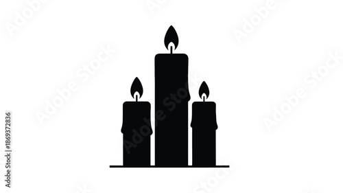 A simple black silhouette of three lit candles in a row