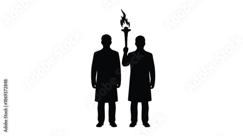 Silhouette of two figures with one holding a lit torch aloft