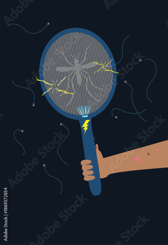 An electrocuting bug killing device in racket form. Editable Clip Art.