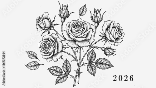 Black and white illustration of roses with leaves and buds, year 2026.