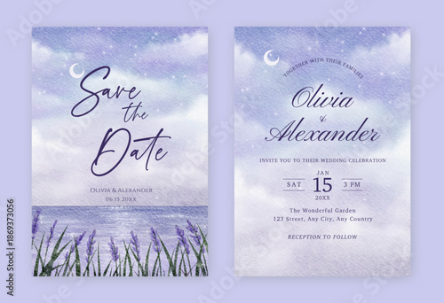 Wedding invitation set with watercolor night view and lavender. Set of wedding invitation template with watercolor landscape.