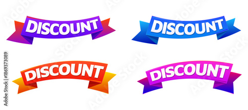 Set of four colorful 3D discount ribbon banners isolated