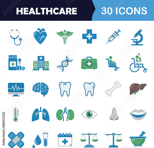 Medical and Healthcare Icon Set: 30 Vector Symbols for Medicine, Anatomy, Hospital Care, and Wellness
