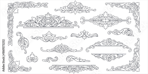 Ornate Scrollwork and Decorative Flourishes in Black Outline Keywords: scrollwork, flourish, ornate, decorative, vintage
