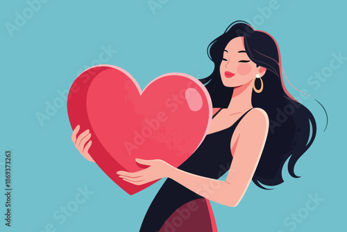Stylized woman in black dress holding red heart with serene expression on light blue background.