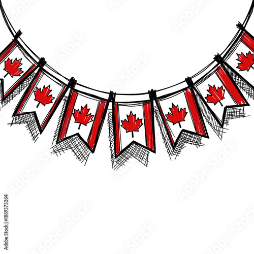 Hand drawn Canadian bunting with red maple leaf flags hanging on string, festive patriotic decoration for Canada Day celebration with copy space, isolated on white background