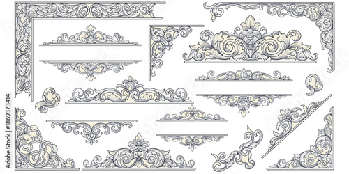 Ornate Vintage Decorative Flourishes and Corner Elements in Beige and Gray antique border