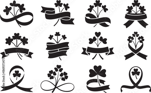 St Patrick's Day Clover and Ribbon Silhouettes Collection illustration