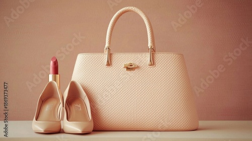 Elegant combination of a handbag, coordinating shoes, and striking lip color.