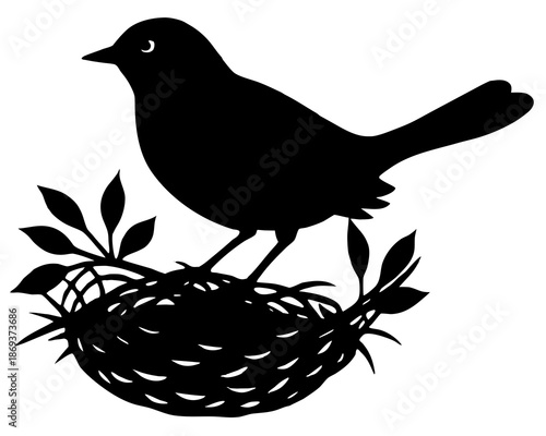 Bird Building Nest Silhouette Vector Illustration, Spring Nature and New Life Concept Isolated on White Background
