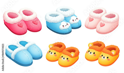 Cartoon slippers vector collection of cozy winter home footwear isolated on transparent background