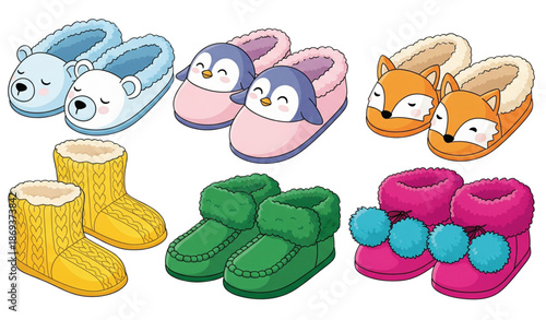 Cute fluffy winter home slippers cartoon vector set isolated on transparent background