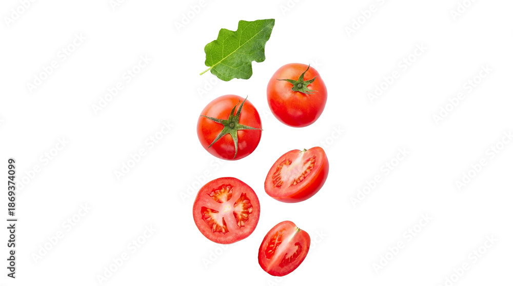 Fototapeta premium fresh red tomato, a green leaf, and sliced tomato pieces in a dynamic arrangement against a black void, vibrant produce and culinary photography.