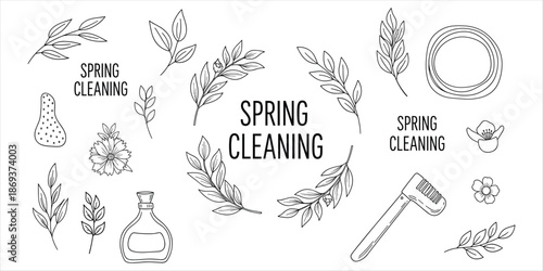 Spring Cleaning Themed Hand Drawn Elements with Leaves Flowers and Objects doodle