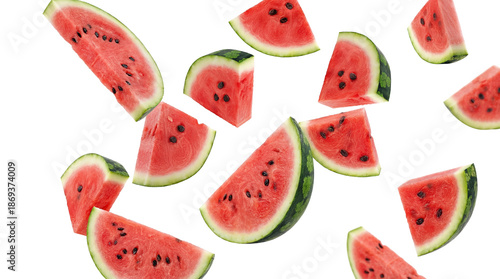 Foto juicy watermelon slices scattered in mid-air against a transparent background, refreshing summer fruit