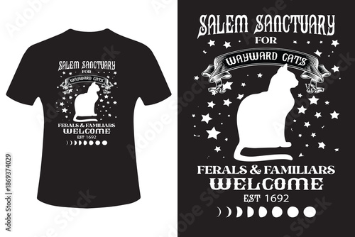 Salem sanctuary t shirt design with cat silhouette and welcoming message