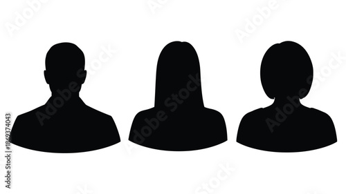 Three black silhouettes of people s heads and shoulders against a white background